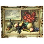 Oil paint on canvas depicting still life of fruit and poppies. 20th century. Cm 50x70. In frame