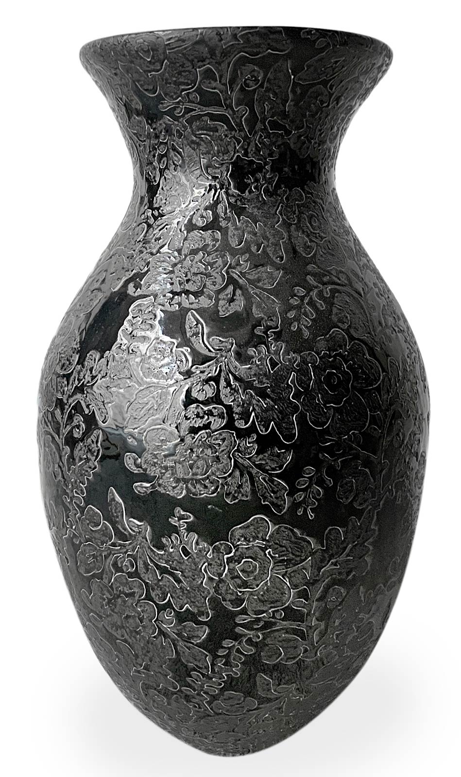 Ceramic Vase, Italian production of the anthracite tones decorated with floral elements. 70. Cm 40