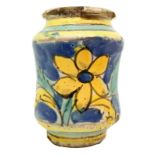 Albarello in Caltagirone majolica with flower decorations on cobalt blue background, eighteenth