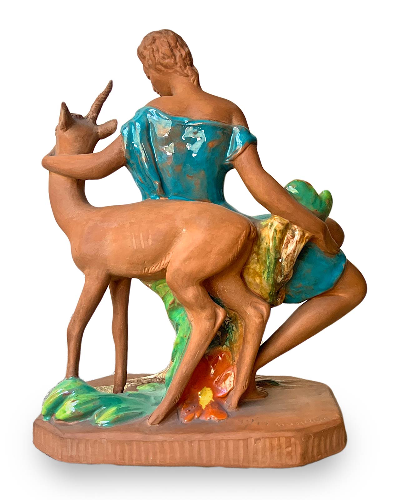Zaccagnini, terracotta statue of Diana and deer, decorated in polychrome. Small failures. Years 40. - Image 3 of 6