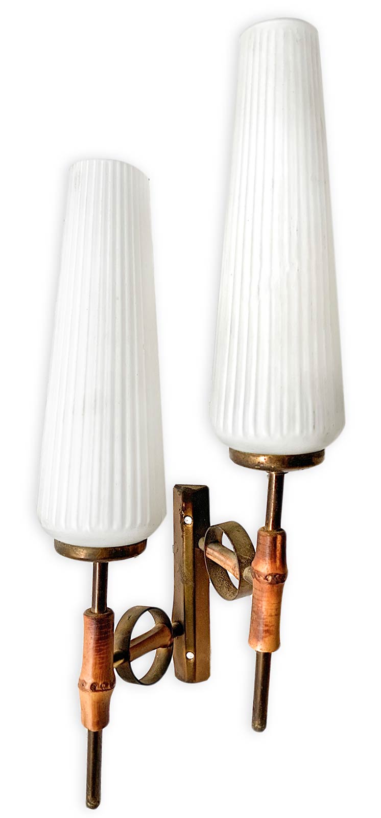 Applique, Italian production. Structure in brass, diffuser in white opal glass, bamboo detail,