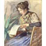 Gouache depicting a young woman reading. A. Abate (Catania, 1867 - Catania, 1953). 21x17 cm