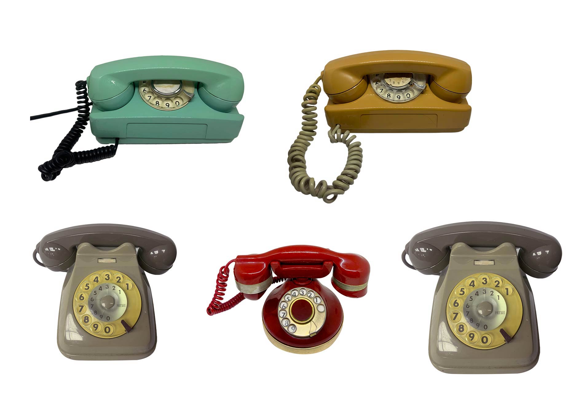 5 vintage phones Group. 1 gray wall, Fatme model DBGF 112-113 / DBMF112-113 1967, 1 Telcer