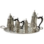 Silver "800" tea service , twentieth century. Consisting of tray, teapot, coffee pot, milk jug,