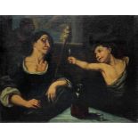 Oil paint on canvas depicting Parca Clotho and boy with candle, seventeenth century. Cm 61x80. With