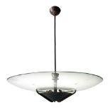 Stilnovo, pendant lamp black lacquered aluminum structure and zapon brass, glass diffuser with sand
