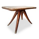 Wooden table, top in pink marble in the Atelier Borsani style. 40s. 46x72x42 cm. Wear and tear,