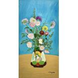 Naif painting in oil on canvas depicting vase with flowers. 100x50 cm. A.Drago Signed and dated '89