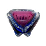 Seguso Murano, Flavio Poli design, glass ashtray submerged in shades of purple and blue, ribs along