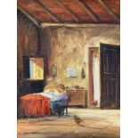 Oil paint on canvas board depicting an interior scene, mother and child, Mario Fattori (1930), Cm