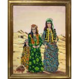 Oil paint on canvas depicting naive women in the desert. Cm 51x40. Signed Angelo Drago and dated