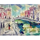 Oil painting on canvas depicting Venetian canal. Cm 40x50. In frame 60x70