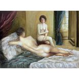 Oil painting on canvas depicting pair of naked women. Signed G. sample. 50.5 x 70.2 cm