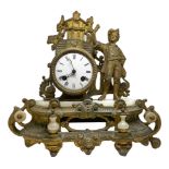 Clock in bronze depicting a young boy, based in alabaster and white porcelain dial, nineteenth