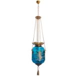 Hanging lamp in blue glass decorated with women, late nineteenth century. Hand-painted, gilded