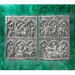 Silver plates applied to malachite box with Biblical depictions. 20th Century. Cm 25x29.