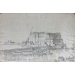 Pencil drawing on paper depicting vergellata castle dell'Ovo of Naples, Posillipo school of the