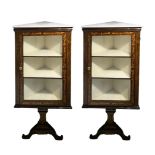 Pair of corner cupboards in rosewood with marquetry and Perfili light wood, white marble floor, the
