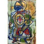 Oil painting on cardboard depicting Sicilian puppet in armor, 20th century. Signed on the lower