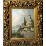 Oil painting on canvas depicting landscape view of Etna from Taormina. Signed lower right A.L.