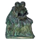 Green patinated bronze wax lost, depicting two girls who read, early twentieth century. H 46x38 cm