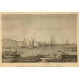 Etching depicting a view of the port of Catania, mid-nineteenth century, 22x31 cm frame in walnut