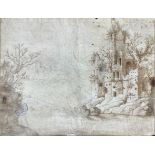 Brown ink drawing on paper depicting vergellata landscape with ruins. 18th century. 322x248 mm