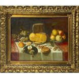 Oil painting on canvas still life of fruit and cheese, walnuts and pears. Signed on the lower left