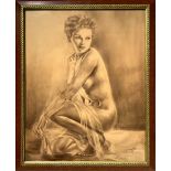 Sepia drawing depicting nude woman crouching with veil, Signed G. Champion. 60x45,5 cm, framed cm