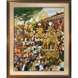 Oil painting on canvas depicting Candelore the Festa di Sant'Agata, signed Maria Grassi. Cm 95x70.