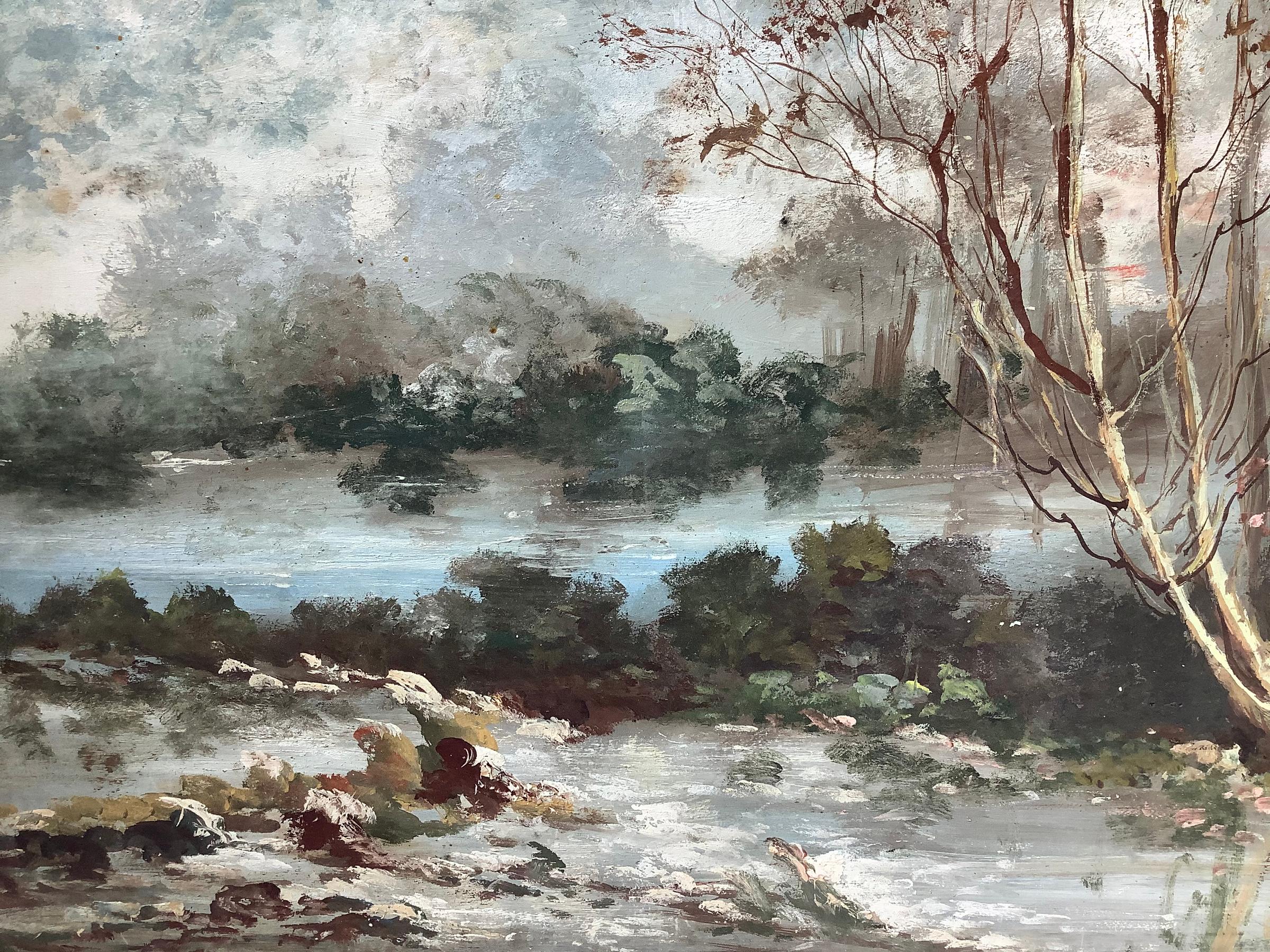 Oil painting on canvas depicting river landscape with trees, early twentieth century. 75x100 cm. - Image 2 of 4