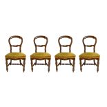 Four of the walnut chairs. Of which 1 is broken at the curve of the back, glued. H cm 87. Seat 42