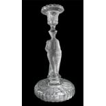 Candlestick mono hole transparent glass hole depicting man figure with sword. H 23 cm.