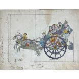 watercolor piece drawing on paper depicting chariot G. Saitta signature characters. Cm 25x30