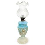 Oil Lume in blue opaline, basic hand-painted floral decorations. Glass upper portion in Tulipe. H