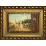 Oil painting on wood depicting rural road with lady. XIX, XX century. Cm 11x18. In gilt frame 19x26