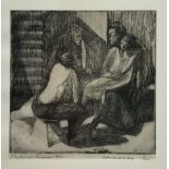 Etching of "Conversation" 2/50. Signed E. Bellingeri Embroidery 1960. Cm 18x15,5 framed 31x34 cm.