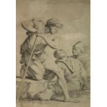 Engraving, dry point, Salvator Rosa (Naples 1615-Rome 1673) depicting man with stick and two people