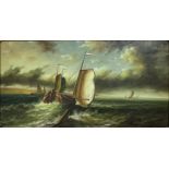 Oil painting on panel depicting sailing ships at sea, early twentieth century. Cm 20x40. Frame