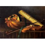 Oil painting on canvas depicting still life with stringed musical instruments and sheet music.