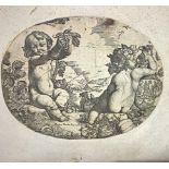 Oval Etching depicting two cherubs Bacchae, Pietro Testa said Lucchesino (Lucca 1611 - Rome 1650).