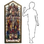 Ancient glass bound to lead with infusion in glass images depicting St Augustine. In wooden frame,