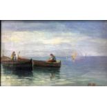 Oil painting on canvas painting depicting marina with boats, the twentieth century. 18x27 cm, 33x43
