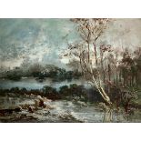 Oil painting on canvas depicting river landscape with trees, early twentieth century. 75x100 cm.