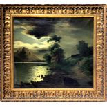 Oil painting on canvas depicting nocturnal landscape in the moonlight. Cm 53x58,5. In 69x74 frame.