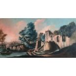 Oil painting on canvas depicting a view of the Tiber with archaeological characters, Andrea