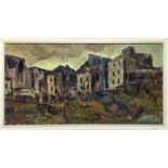 Oil painting on panel depicting landscape with houses, Nino Raciti (Catania, 1939). Cm 31x61,5