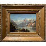 Small oil painting on canvas board depicting lake landscape. Cm 11x15. A.M.B Signed and dated 1887