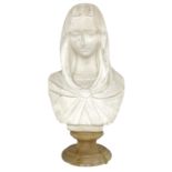 White marble bust depicting women with head cloak. Early twentieth century. H cm 22. circular base