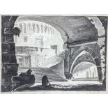 Drawing allegedly by G.Saitta,brown ink on paper depicting interior. 170x275 mm